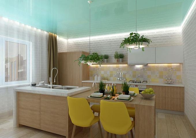 Картинка Глянцевый бирюзовый потолок на кухне