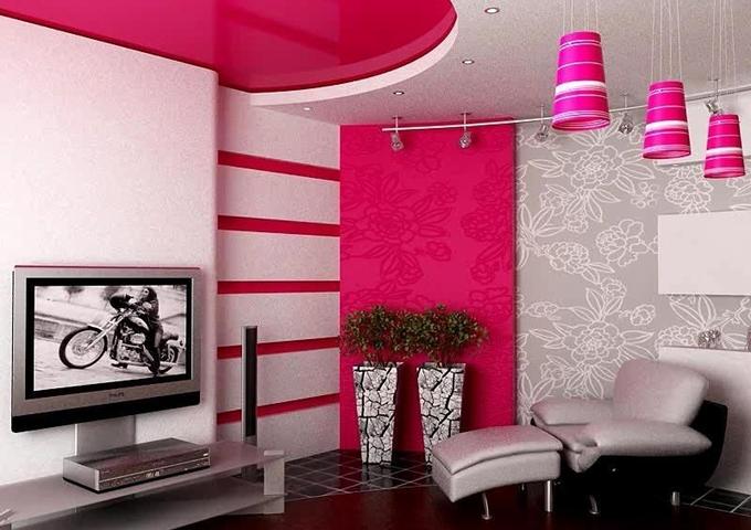 Фото Потолок розовый в гостиную комнату глянцевый
