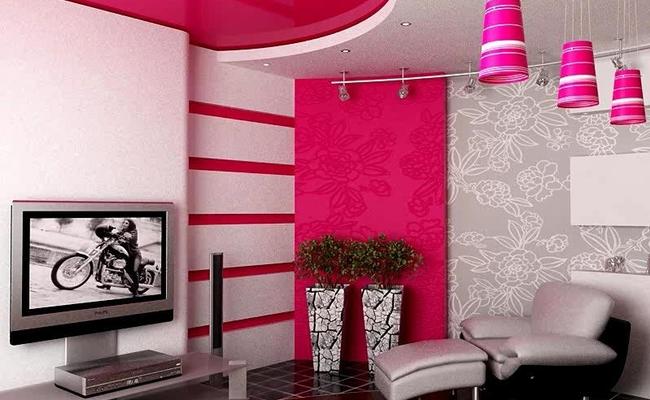 Потолок розовый в гостиную комнату глянцевый